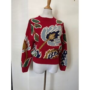 Bushwacker crewneck knitted red big leaves sweater, cotton blend, size S